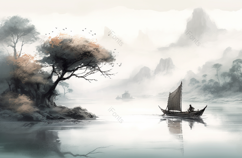 意境秀丽山水湖泊船帆中国风水墨背景,插画/手绘图,插画/手绘图库,插画/手绘图下载,插画/手绘